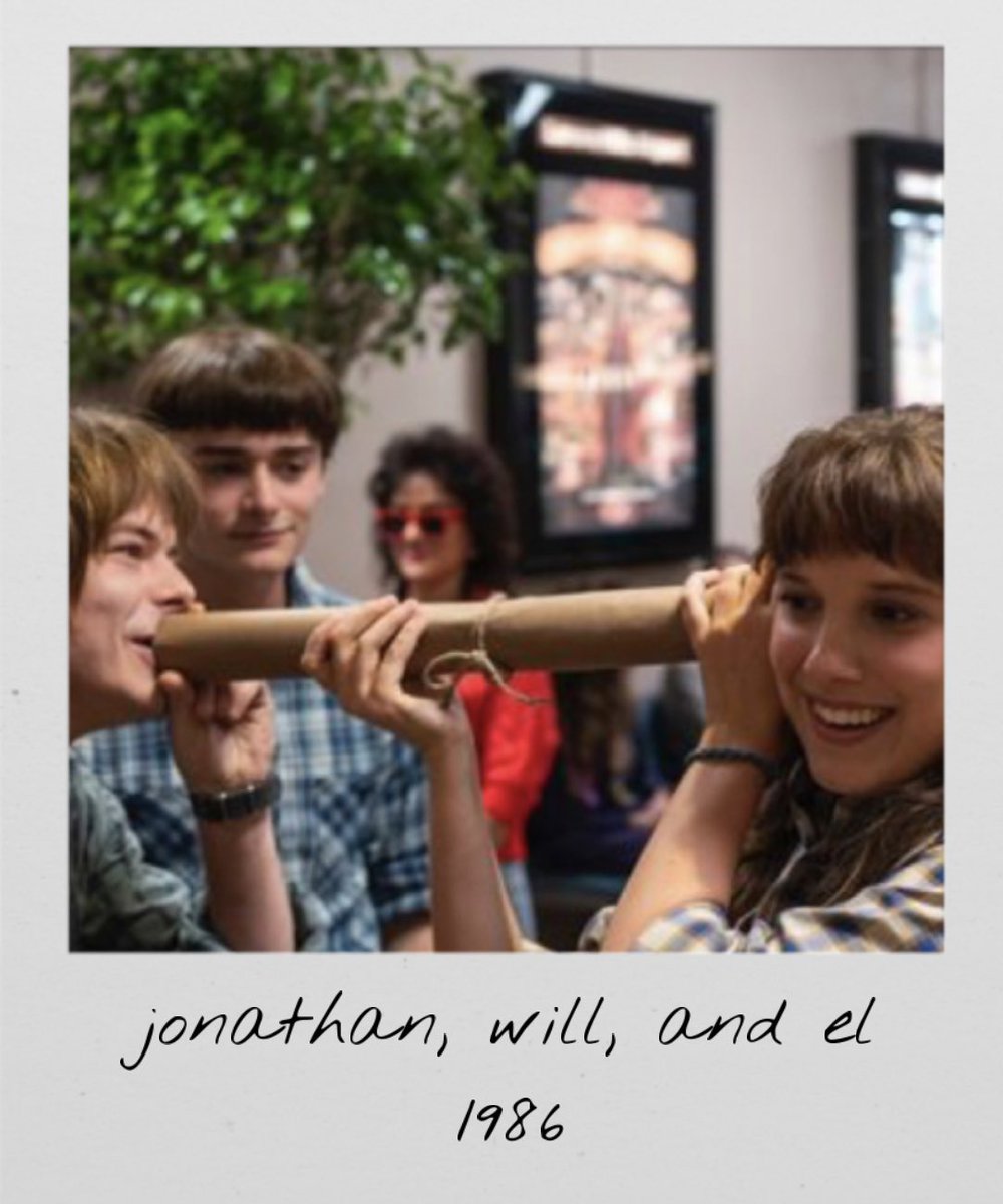 strngerpolaroid's tweet image. argyle takes a polaroid of the byer’s siblings messing around at the airport 
1986