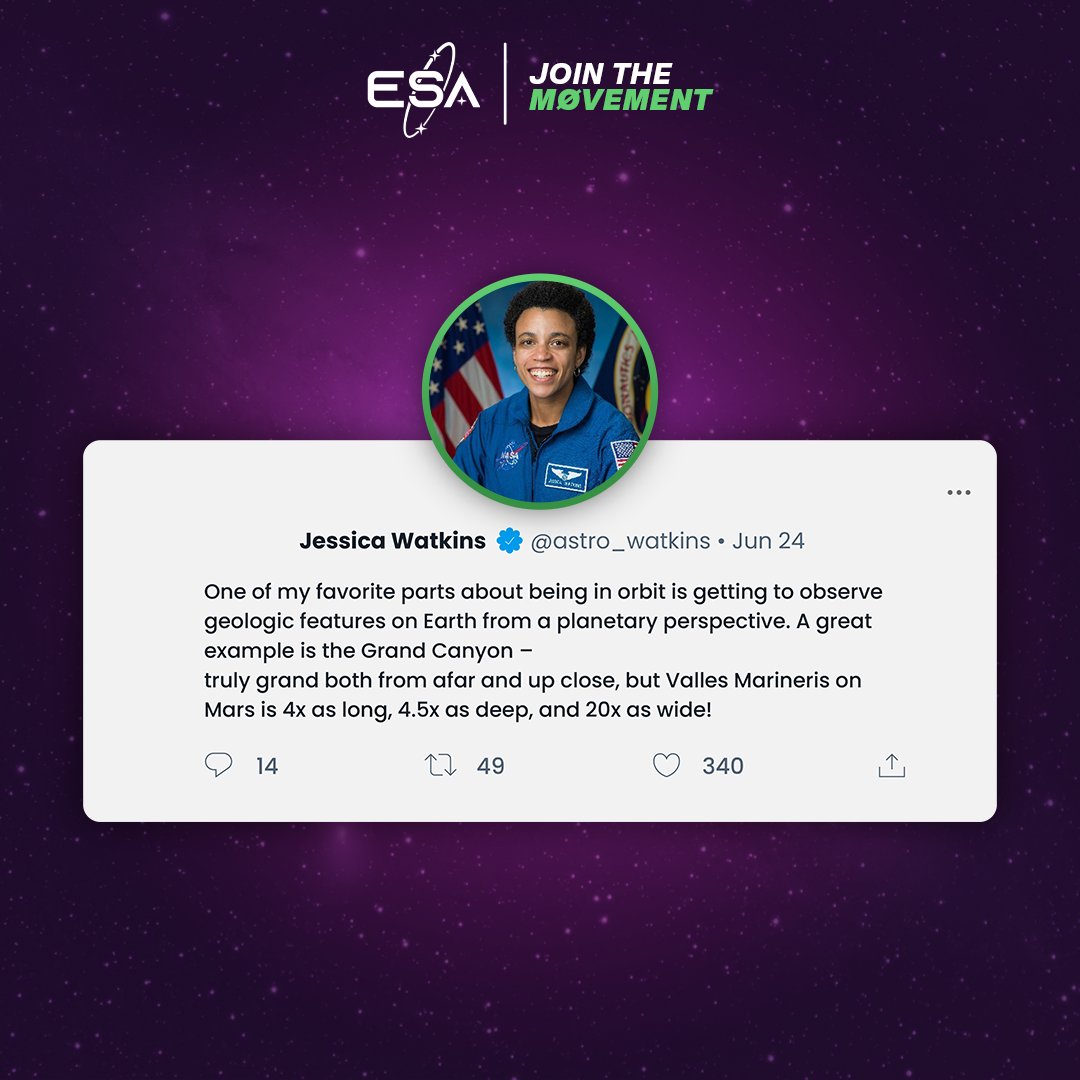 equityinspace's tweet photo. 🤯Ever imagined the view of the Grand Canyon from space? The first Black woman to embark on a long-duration mission at the @Space_Station and also do a spacewalk, @astro_watkins shares her experience in a tweet. And we love to see it!

We celebrate movement toward #SpaceEquity! https://t.co/LxOJ8Hsw2S