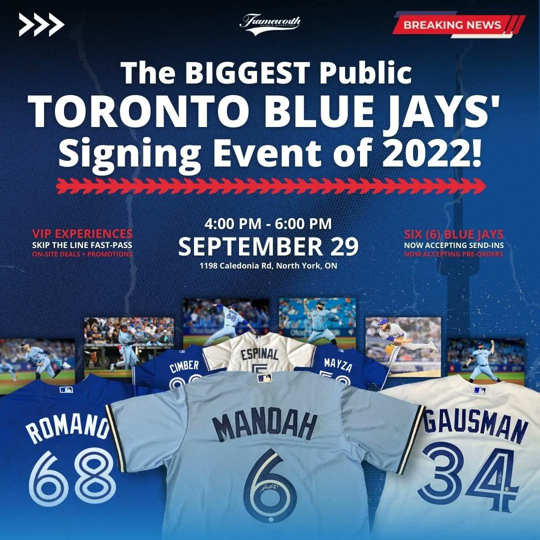 FrameworthSport's tweet photo. YOU'RE OFFICIALLY INVITED! 🎊🎉
On Sept. 29, join us as we host our first #publicsigning event in over ✌️ years.
GUESTS ➡️ @Alek_Manoah6, #KevinGausman, @santdr13, #JordanRomano, @A_Cimber, + #TimMayza ⚾️
INFO ➡️ https://t.co/DiRz6YJjQN https://t.co/c2TLsC0Ywg