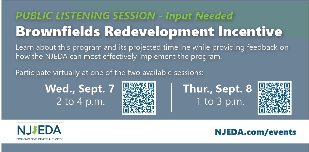NewJerseyEDA's tweet photo. We're hosting two Brownfield Redevelopment Incentive (tax credit) listening sessions on 9/7 &amp; 9/8. Developers, investors, real estate professionals, attorneys, environmental professionals &amp; economic dev teams are invited.
9/7: https://t.co/Pru9LznSlh
9/8: https://t.co/1quoGMpfOz https://t.co/cvf2DYE62s