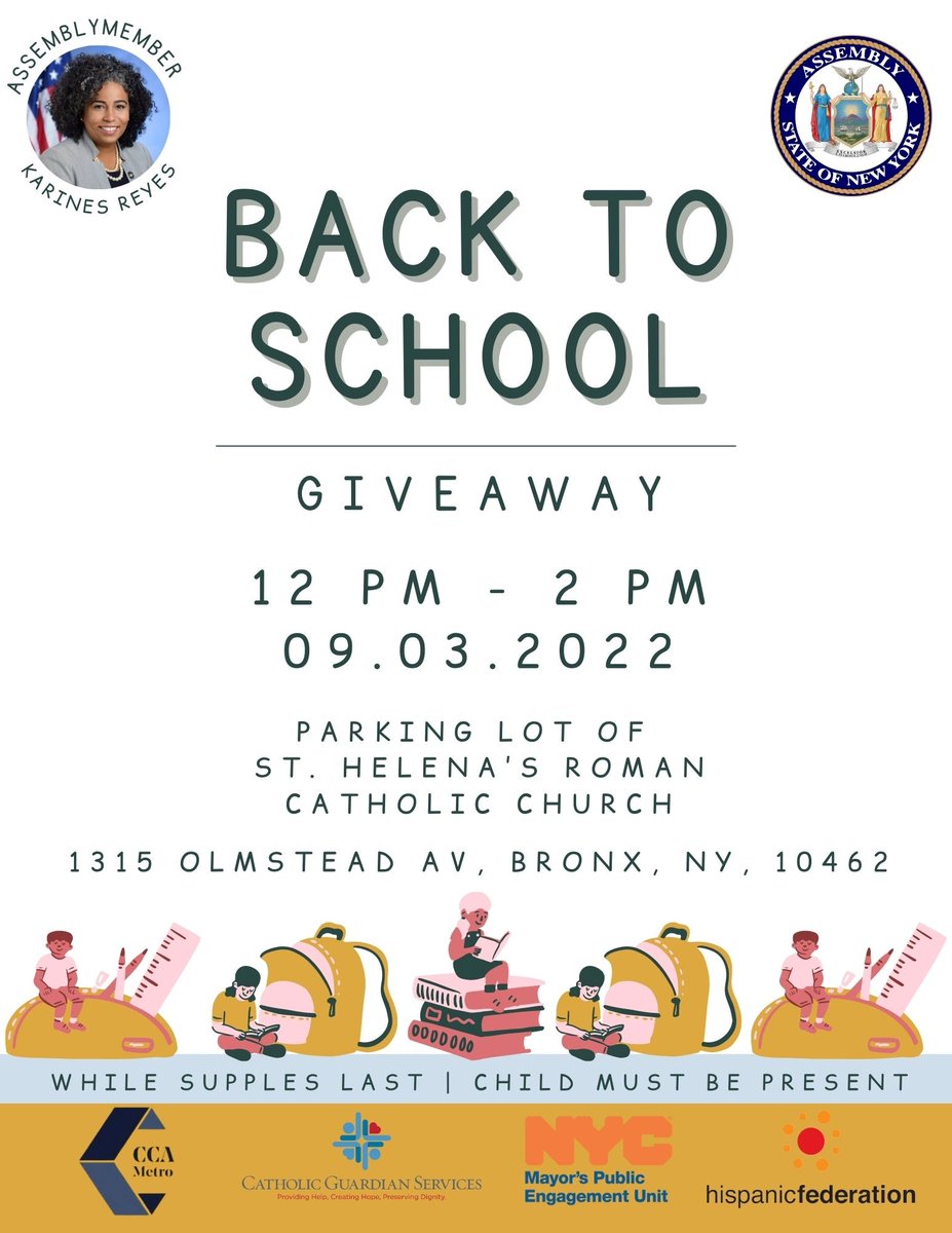 KarinesReyes87's tweet photo. This Saturday, my office will be hosting a Back-to-School giveaway at St. Helena's Church:
🔸September 3rd
🔹12 PM to 2 PM
🔸Parking lot at 1315 Olmstead Avenue
🔹While supplies last
🔸Child must be present https://t.co/rPTr2nhViq