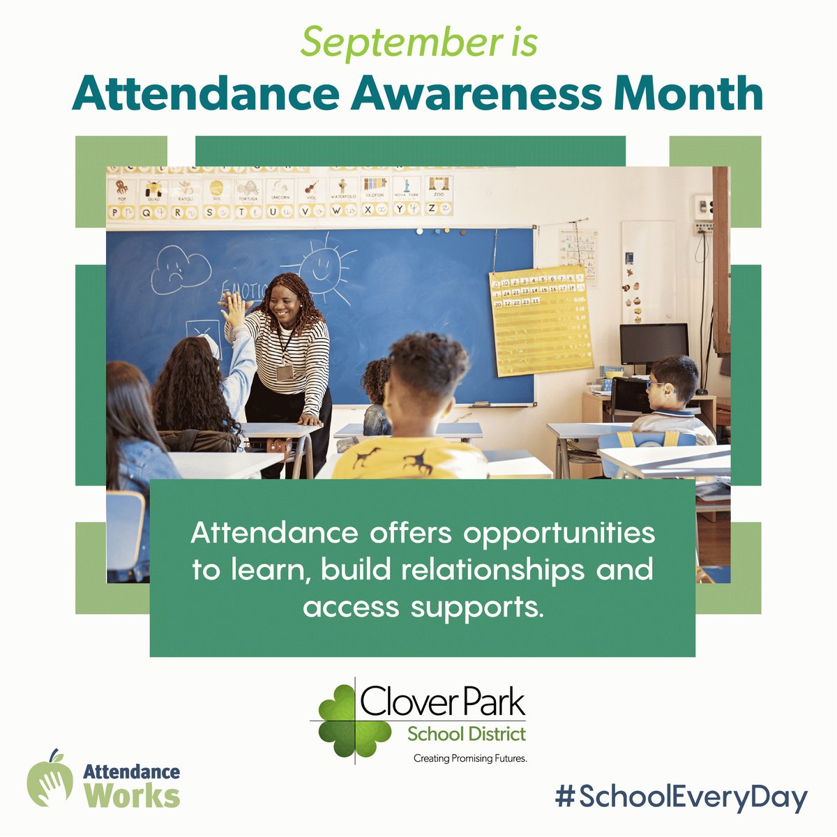 CloverParkSD's tweet photo. When students show up to school every day, they improve graduation rates, increase academic achievement & prepare for success in the future! Speak with your CPSD student about the importance of participation. https://t.co/9RAJkOYv9h #SchoolEveryDay #CreatingPromisingFutures https://t.co/qOy1vjkvjS