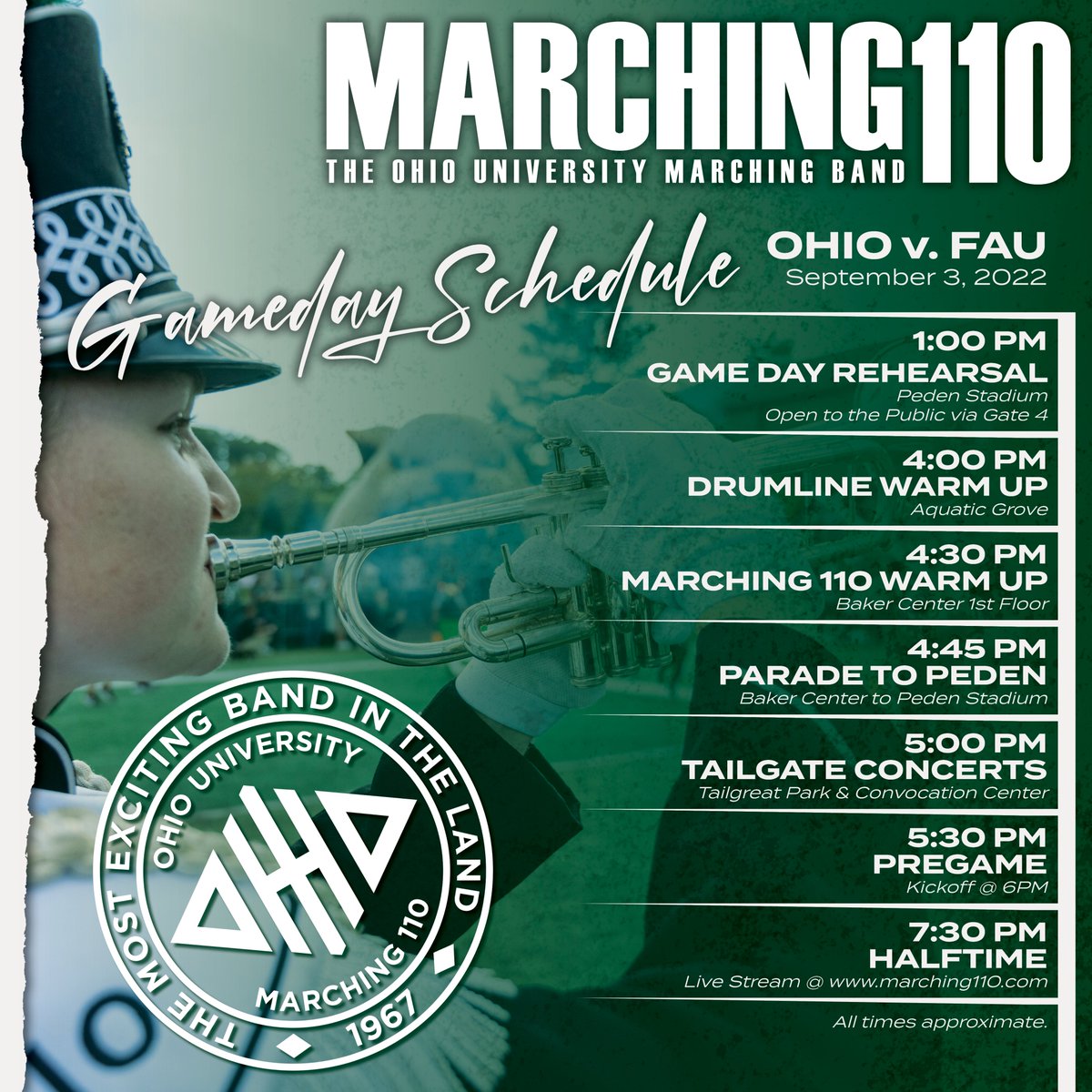 It's almost time! Game Day is just TWO days away! Here is how to catch the 110 in action this weekend. Oh yeah, and it's BAND DAY at OHIO!