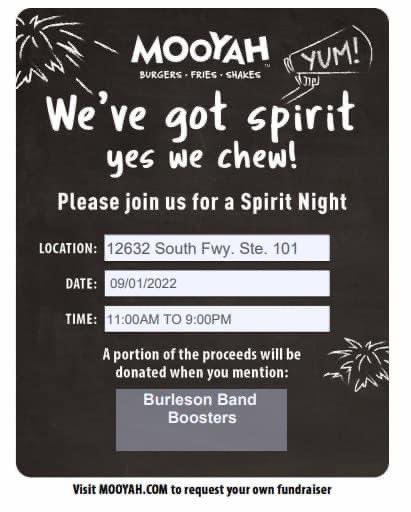Join the BHS Band for Lunch/Dinner at Mooyah today!! Please mention the BHS Band when ordering! <a href="/BurlesonISD/">BurlesonISD</a> <a href="/BISD_FineArts/">BISD Fine Arts</a> <a href="/BHSElks/">Burleson High School</a>