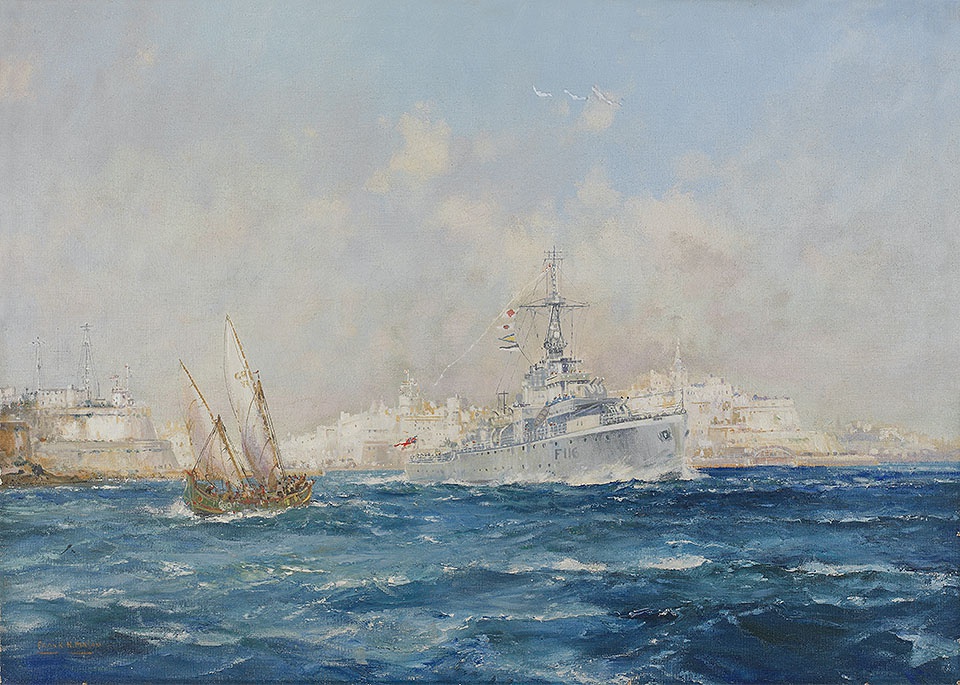HMS Amethyst leaving Malta, October 1949, homeward bound after her ordeal on the Yangtze. Painting by Frank Henry Mason RI RSMA (1876-1965). Maritime Originals