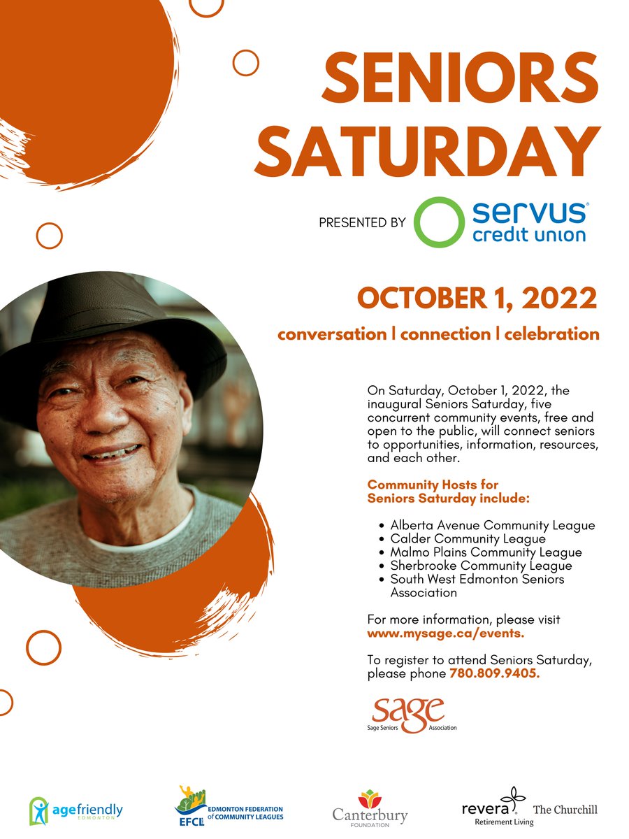 Sage is excited to announce a new initiative presented by <a href="/ServusCU/">Servus Credit Union</a> in collaboration with the <a href="/EFCL/">Edmonton Federation of Community Leagues</a>, <a href="/agefriendlyYEG/">Age Friendly YEG</a>, and communities supporting healthy aging in their neighbourhoods: Seniors Saturday!