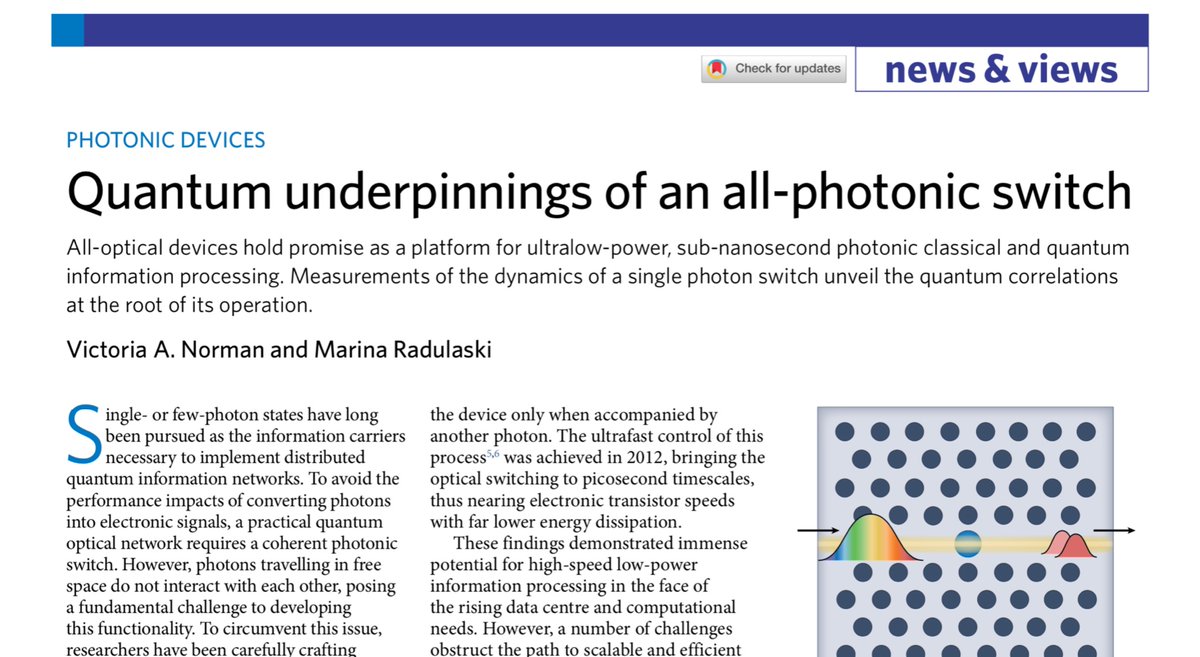 MarinaRadulaski's tweet photo. #Rlab updates: check out our News &amp; Views article on all-photonic switching first-authored by @VictoriaANorman today in @NaturePhysics. We contextualize an intriguing quantum dot waveguide QED result by Hanna Le Jeannic, Peter Lodahl, et al. https://t.co/7jJbsrANb9