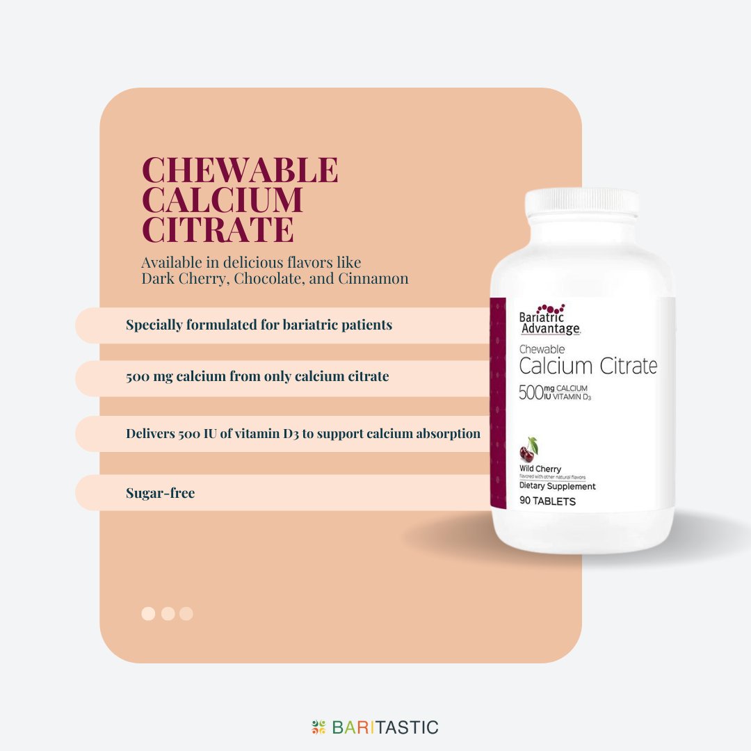 baritastic's tweet photo. Bariatric Advantage Chewable Calcium Citrate tablets are specially formulated for bariatric patients. Calcium citrate is more bioavailable than some other forms of calcium and is recommended for bariatric patients. It can be taken any time during the day, with or without food. https://t.co/UMphGsIwBD