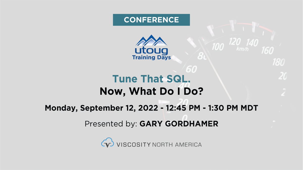 ViscosityNA's tweet photo. Tuning SQL statements in Oracle is more of an art than a science. Learn more with Oracle ACE, @ggordham, in his session, "Tune That SQL. Now, What Do I Do?"
Sept 12 | 2:15 PM MDT
Register at: https://t.co/jyP5rxBRR0
#vna22 #UTOUG #TrainingDays22 #orcldb #oracledatabase https://t.co/cgUIyUwzbK