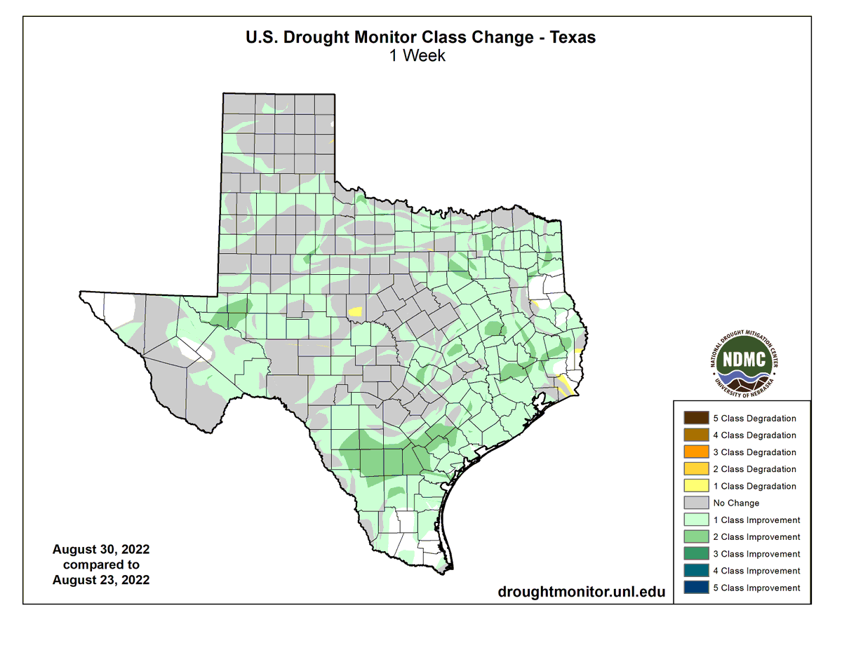 BurtonFitz3's tweet photo. This week's #droughtmonitor reflects significant improvements! @TravisCountyTX down from 60% exceptional drought last week to 0%. #DallasCo dropped from 100% in drought now to 20%. More to come... #TXwx https://t.co/JIwZL3wdpr
