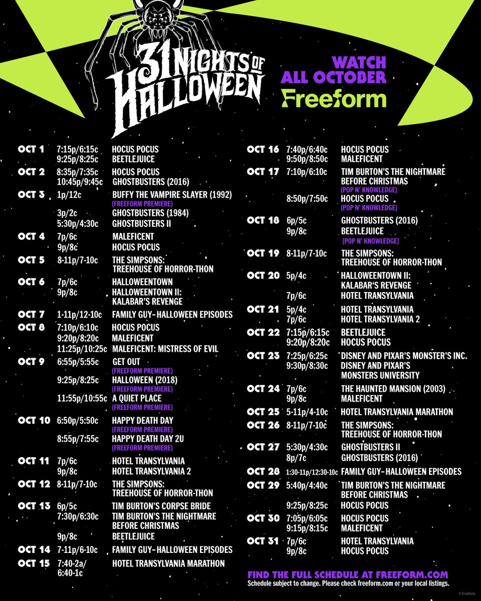 scary season is officially here. get ready for #31nightsofhalloween with this spooky lineup. watch all october, only on @freeformtv. Get the FULL SCHEDULE in our link in bio.