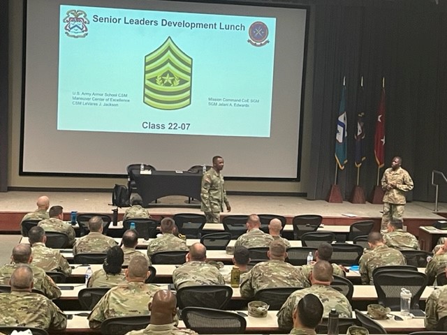 This week, @MSNCMD_RedLeg &amp; <a href="/ArmorSchool/">ArmorSchool</a> CSM spoke w/leaders in the Brigade and Battalion Pre-Command Course about developing leaders, building cohesive teams, mission command vs C2, and duties &amp; responsibilities as a BDE/BN CSM. What ? would you have asked?