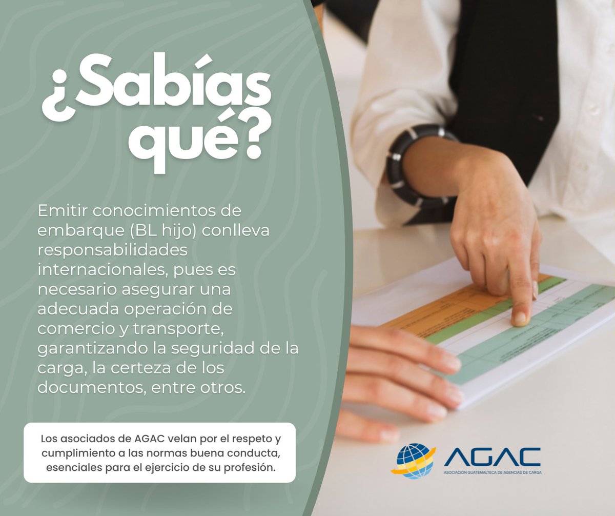 AGAC_GT's tweet photo. Es importante considerar la responsabilidad que un Agente de Carga Internacional adquiere al momento de emitir conocimientos de embarque. https://t.co/7mvAEDOULN