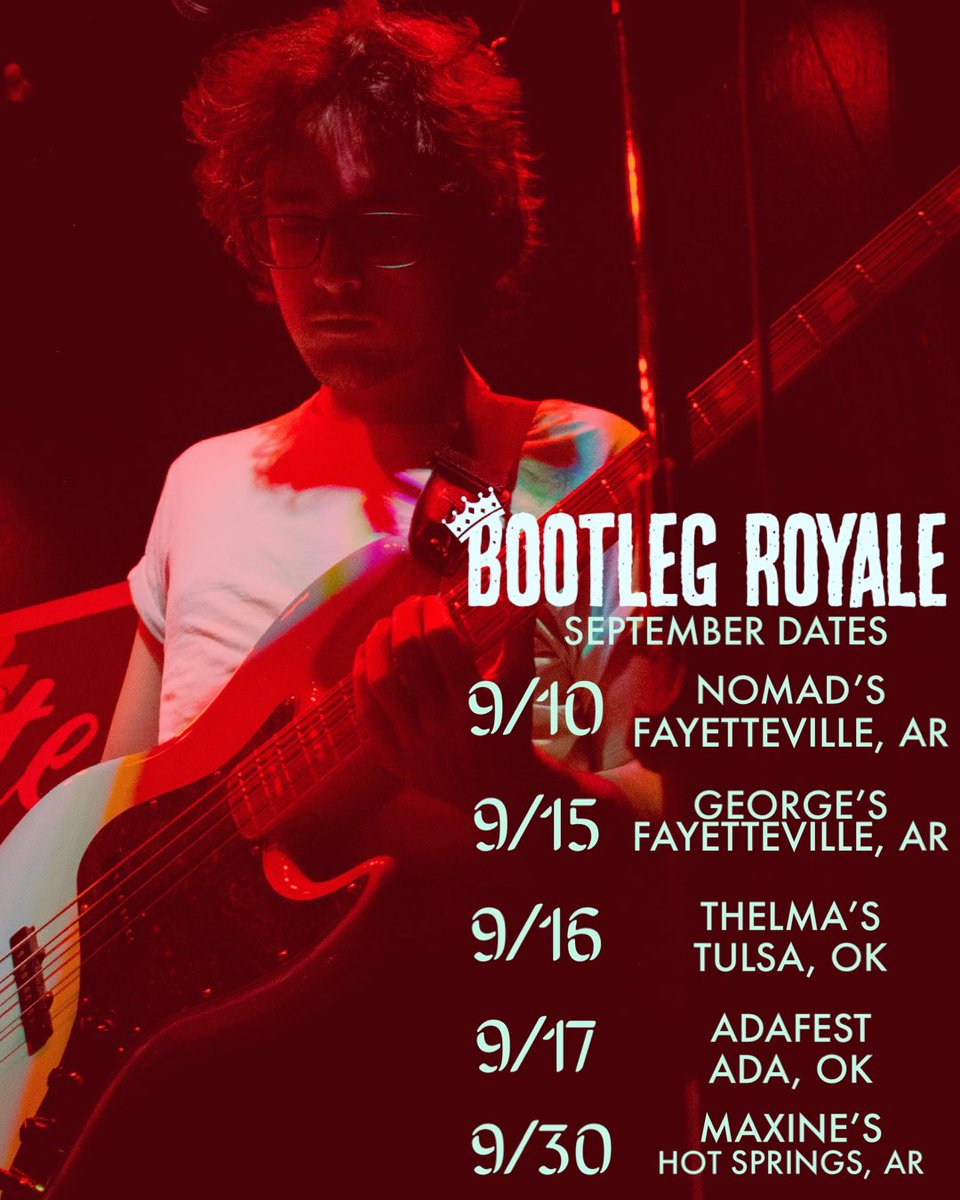 bootlegroyale's tweet photo. September dates are announced! 🎉
.
.
.
#livemusic #liveband #bootlegroyale #arkansas #arkansasmusic #fayettevillear #bentonvillear #hotsprings #hotspringsar #adaoklahoma #tulsaoklahoma #adafest #tulsa #tulsaok #oklahomamusic #oklahoma #concerts #photo #promo #musicfestival https://t.co/dt4ag5bpdl