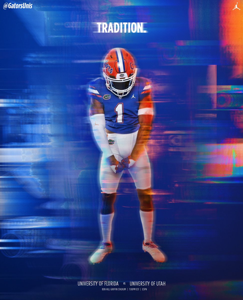 GatorsUnis's tweet photo. No frills. No excuses. Just tradition. 

🟠🔵⚪️ under the lights against #7 Utah. 

#GoGators #JUMPMAN https://t.co/KJGLsidscW