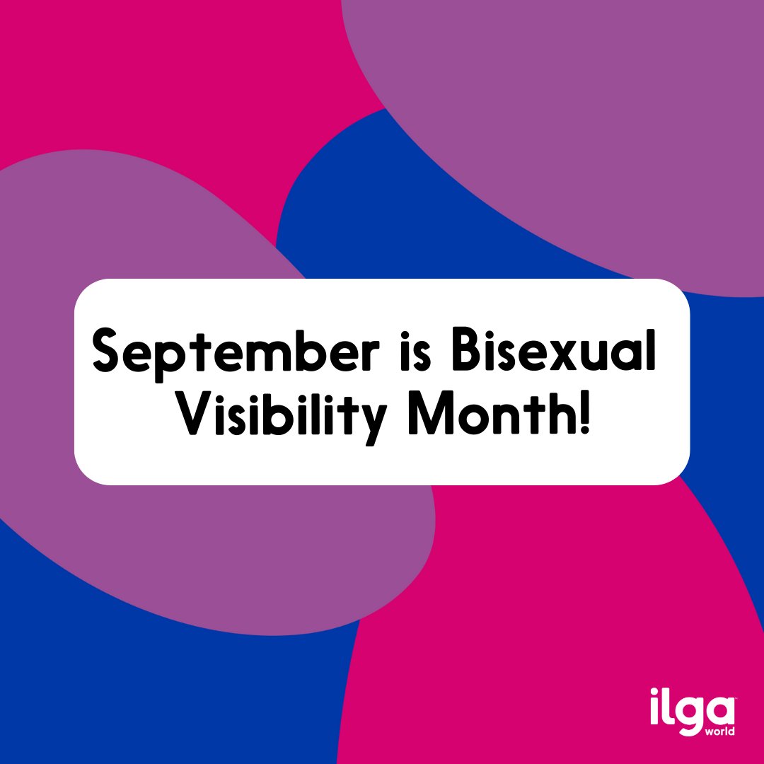 Rounded shapes in the colours of the bisexual pride flag are in the background. Text reads: “September is Bisexual Visibility Month”. The ILGA World logo sits at the bottom right of the image