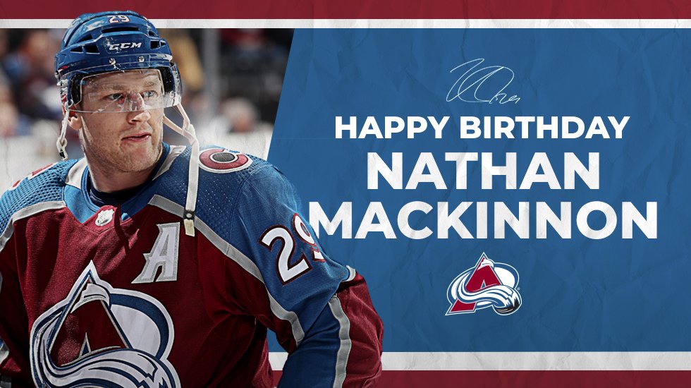 Avalanche's tweet photo. The biggest happy birthday wishes to the one and only, Nathan MacKinnon!

Drop your birthday messages for the Dogg below ⬇️

#GoAvsGo https://t.co/XHByykQzKo