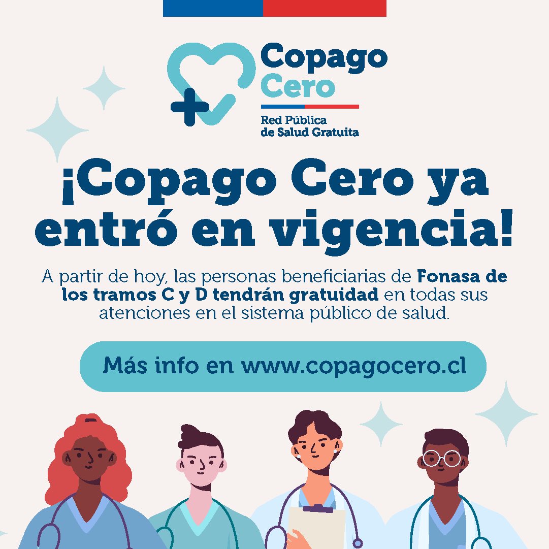 Hoy entró en vigencia #CopagoCero, concretando la gratuidad en toda la red pública de salud para todas y todos los usuarios de @Fonasa. Porque salud es un derecho y nunca un negocio, avanzamos!