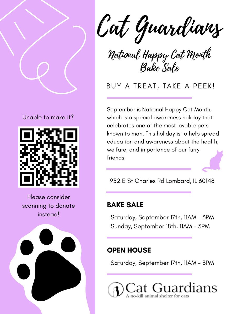Cat_Guardians's tweet photo. Join Cat Guardians Sept 17-18 for our next bake sale in honor of National Happy Cat Month!  Not only can you buy delicious treats all weekend, but we are also hosting an open house on Saturday, Sept 17th from 11am-3pm.  Come meet our adoptable cats and kittens! https://t.co/7B01Y6KC91