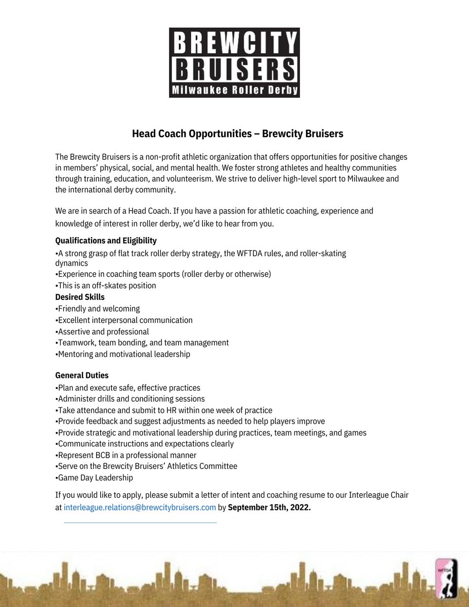 Hey #Milwaukee 
BCB is looking for a head coach! 
If you have a passion for athletic coaching, experience and knowledge of interest in roller derby, we’d like to hear from you. 
#RollerDerby #DerbyTwitter #Brewcity