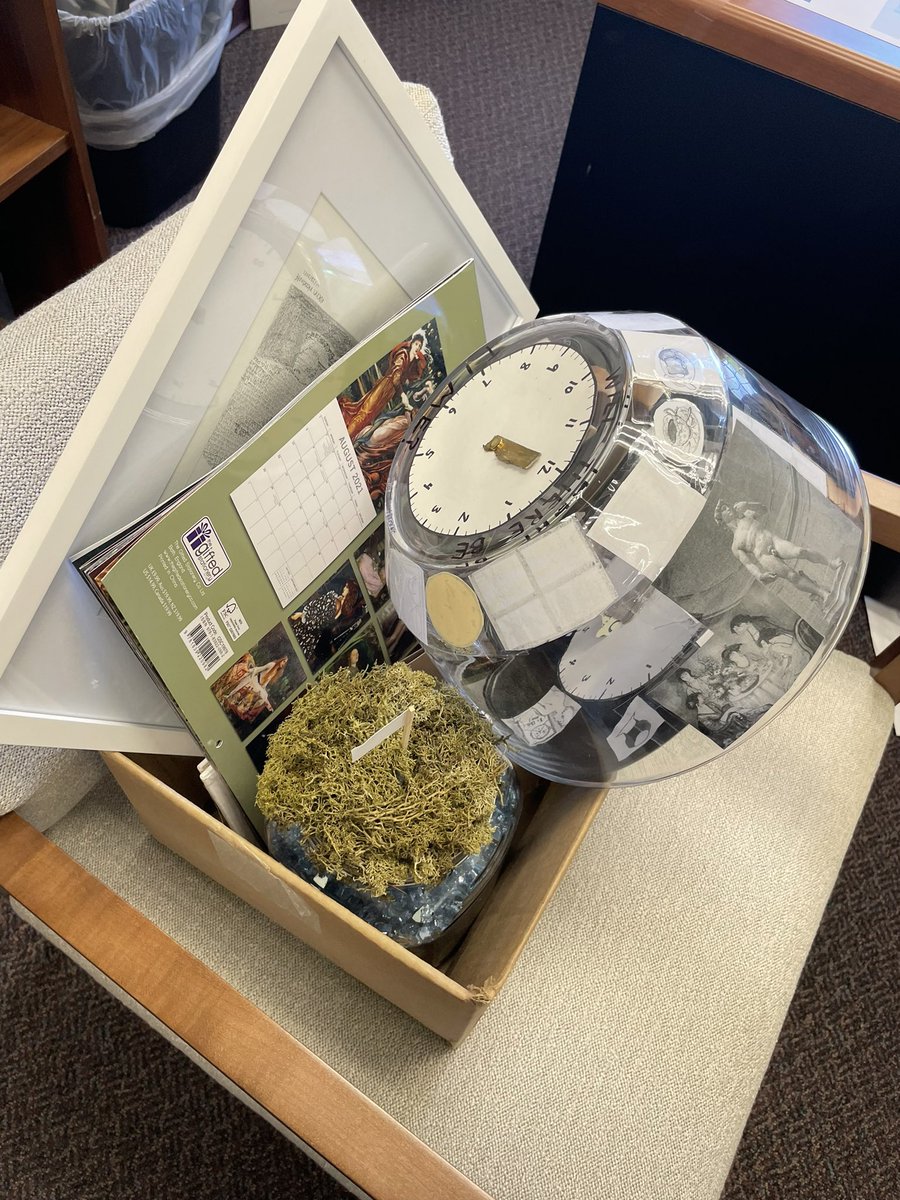 Off to teach my History of the Book class with the most random box of props ever. Can’t wait to put these things in front of students and ask them to explain why they are or aren’t “books” #bookhistory