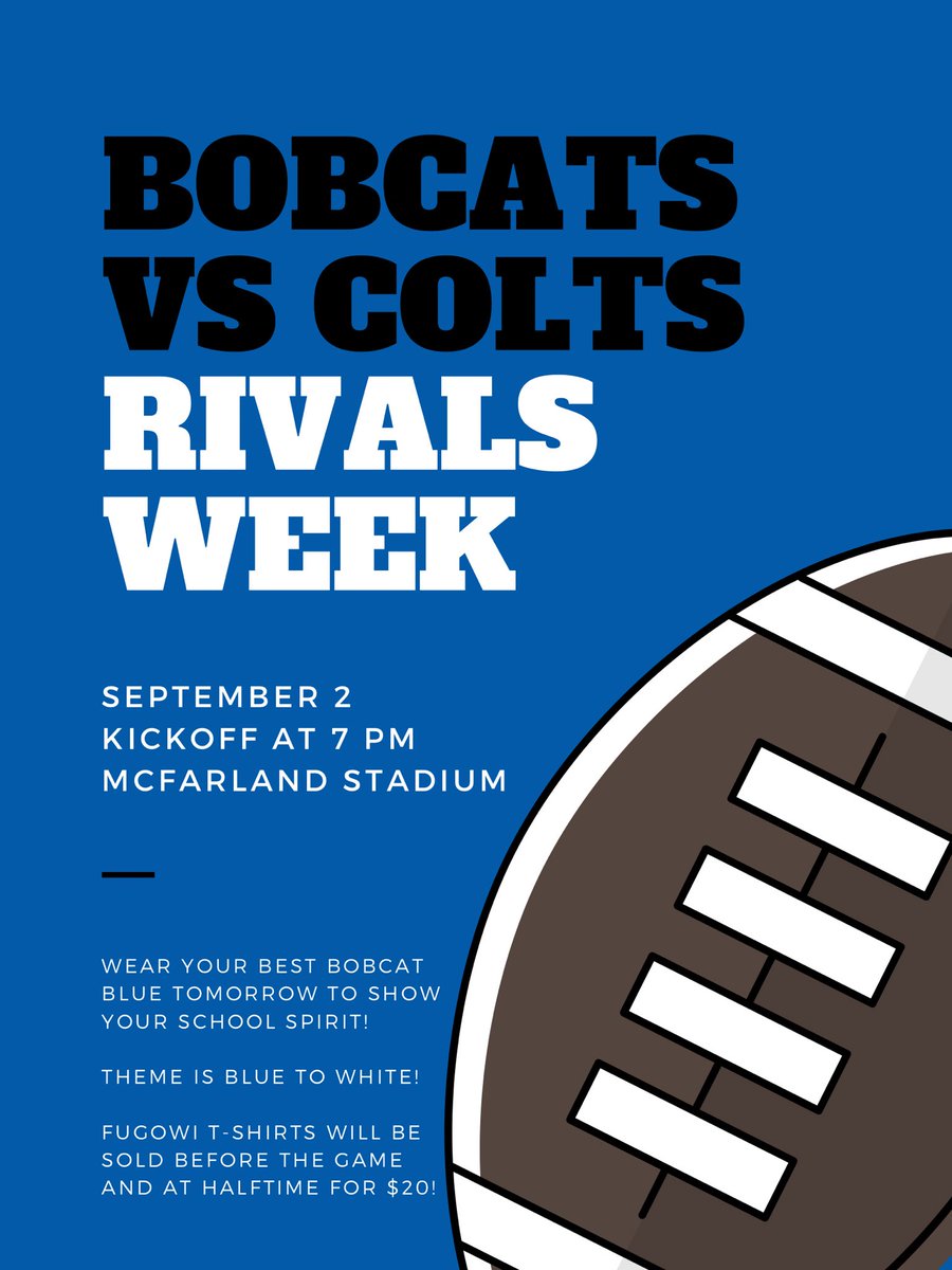 Bobcats! Tomorrow is the day we’ve been waiting for! We’re so happy to have seen everyone matching this week’s spirit themes! We will be having a Pep Rally tomorrow at 1:30, make sure to buy your Fugowi tees, get excited for our team, and BEAT BYESVILLE!!!