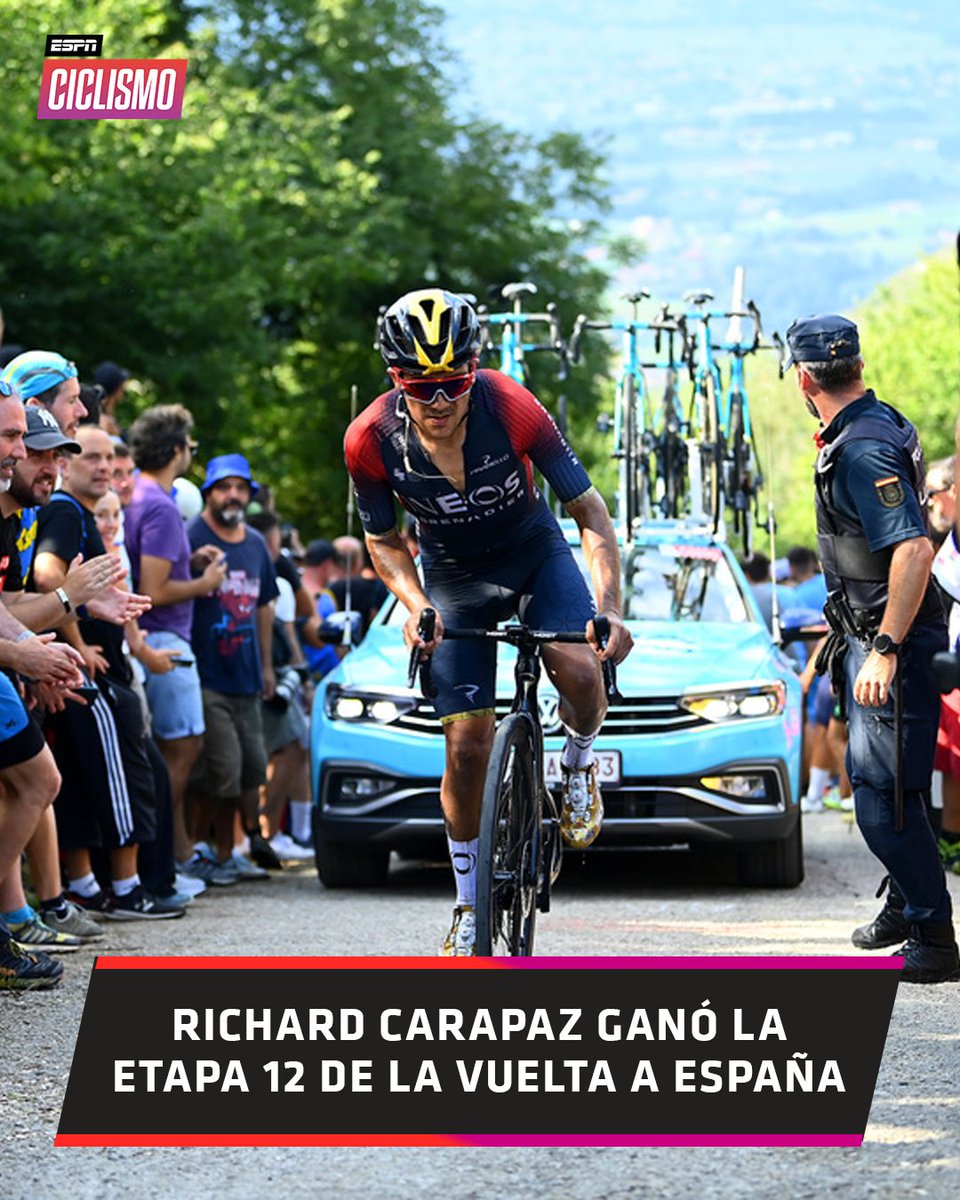 ESPNCiclismo's tweet photo. ¡¡ARROLLADOR!! Richard #Carapaz sumó un triunfo importantísimo en su carrera profesional y se quedó con la Etapa 12 de #LAVUELTAxESPN. Wilco #Kelderman y Marc #Soler completaron el podio. 🚂🇪🇨

#ESPNCiclismo https://t.co/DTsXEakSIo