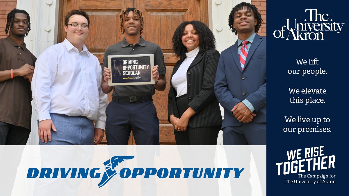 UAgives's tweet photo. This year’s Driving Opportunity Scholars have started their college journeys, thanks to the generous Goodyear Foundation! These students are provided with roadmaps to success through #scholarships, mentoring, &amp; internships—all funded by @Goodyear. On your mark, get set, go! https://t.co/LzI8es5BsY