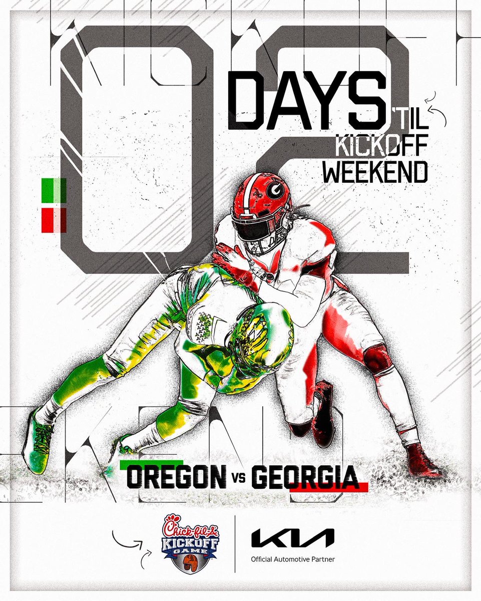 AflacKickoff's tweet photo. 2. MORE. SLEEPS. ⏰ #CFAKickoff
@oregonfootball vs. @georgiafootball | Presented by @Kia

🏈 GIVEAWAY 🏈 
Last chance! We’re giving away footballs signed by this year’s Kickoff coaches! RT + follow us and @CFAPeachBowl + reply with which team you’re rooting for = a chance to win. https://t.co/4l6BK7BYs9