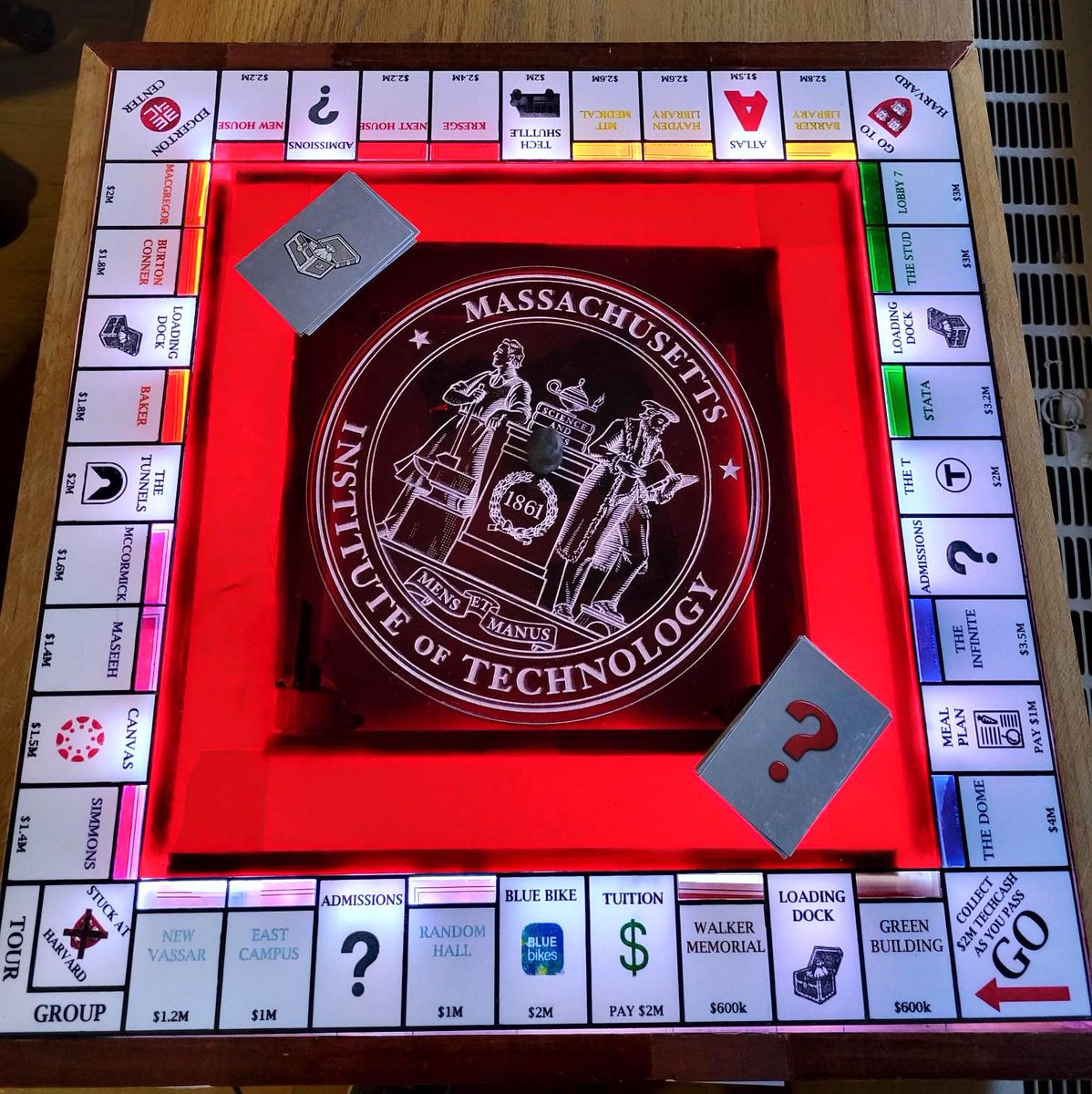 MITEdgerton's tweet photo. Introducing: @MIT Monopoly! Designed by Interphase EDGE/x students Jenna C Blair '26, Aliyah K Chutkan '26, Brianna Roundtree '26, and Pablo F Rodriguez '26, this MIT-themed monopoly board lights up when properties are purchased. @mit_ome #MITMaking https://t.co/r7T6ecJWBI