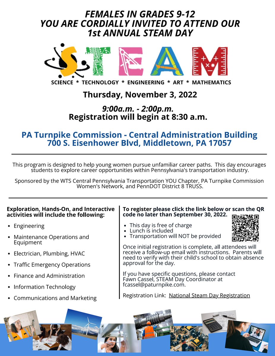 Do you know a young lady in grades 9 – 12 who is interested in Science, Technology, Engineering, Arts, or Math (STEAM) professions? 

Join us for a National STEAM Day Event on 11/3 to learn about potential career paths!

Register here: forms.office.com/pages/response…

#steameducation
