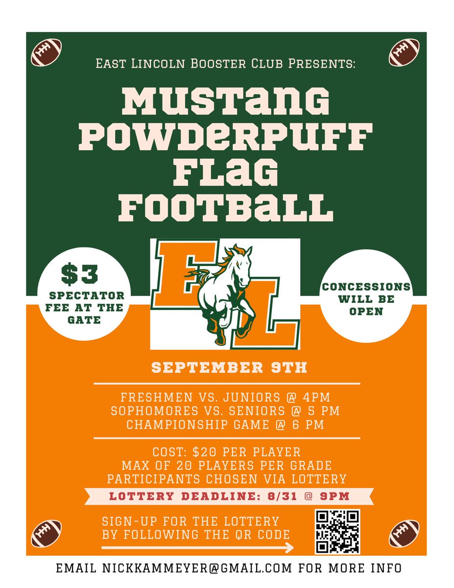 ElhsSports's tweet photo. Registration has been extended!! We still have a few slots open for the Powder Puff Flag game next Friday!! Follow the QR code and sign up!! @ELCoachMatile @AllEast_Avery @eastlincolnfb @athleticselhs https://t.co/MgkHViNMSc