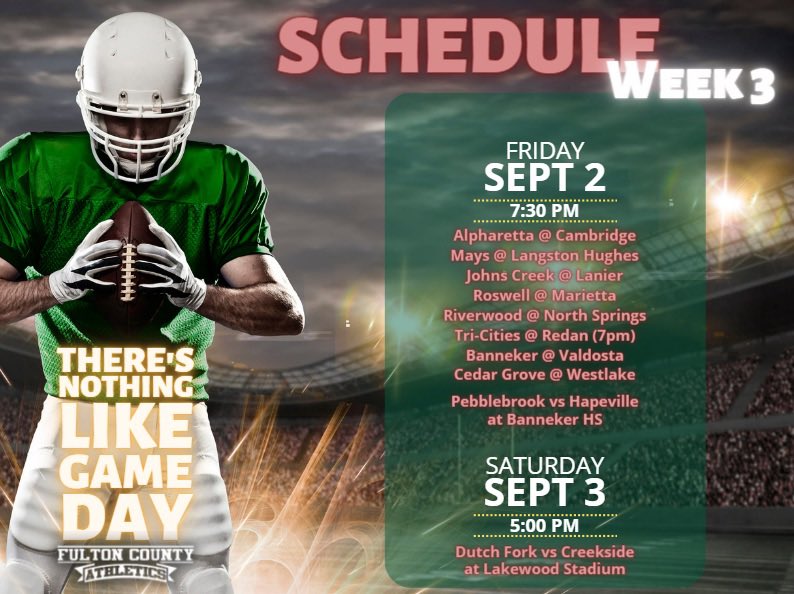 Make your plans now! Here are the varsity games for this weekend. There is a change:The Tri-Cities game is actually tonight at 7:00! <a href="/BallAtTheCity/">Tri Cities HS Football Recruiting</a> @LettMeLeadTC <a href="/CoachFSippial/">Fredrick Sippial</a> <a href="/TriHighSports/">Tri-Cities High Athletics</a> <a href="/FultonCoSchools/">FultonCountySchools</a> <a href="/athletics_FCS/">FCS Athletics</a> @CJ_FCS_CAO