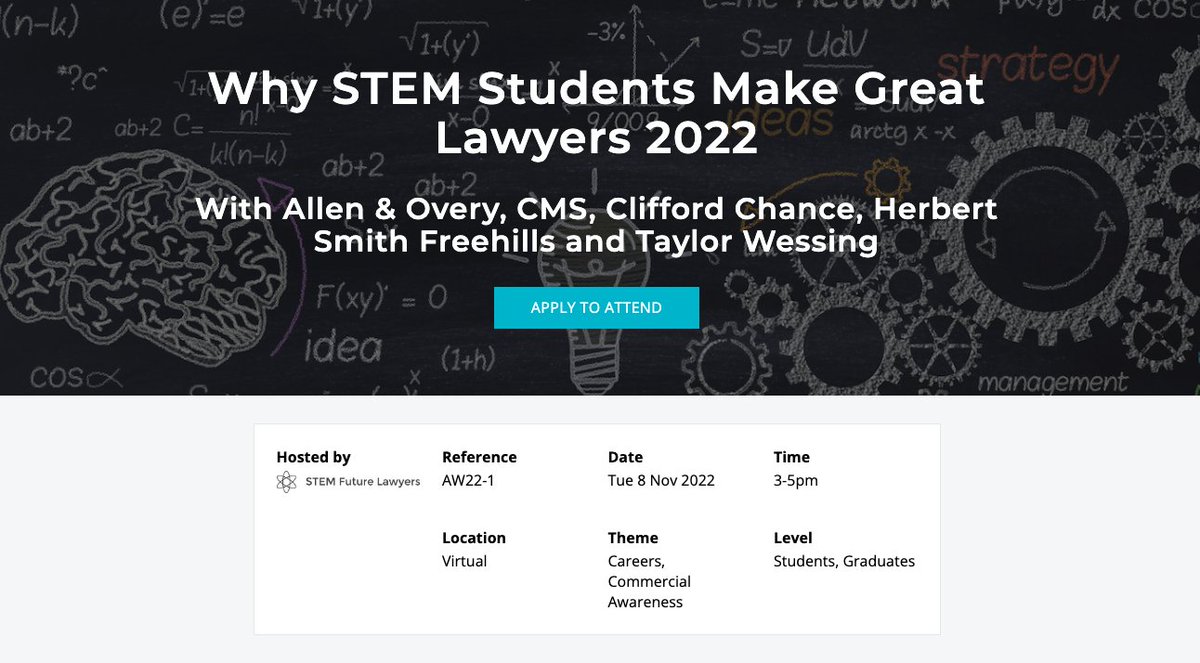 stemlawyers's tweet photo. Applications are now open for the NEW STEM Future Lawyers event ‘Why STEM Students Make Great Lawyers 2022’ – with @AllenOveryGrads @CMSEarlyTalent @Clifford_Chance @HSFgraduatesUK @TaylorWessingUK 
SECURE YOUR PLACE NOW!
https://t.co/Igc3AEKNKK https://t.co/FQDaOIUOlc