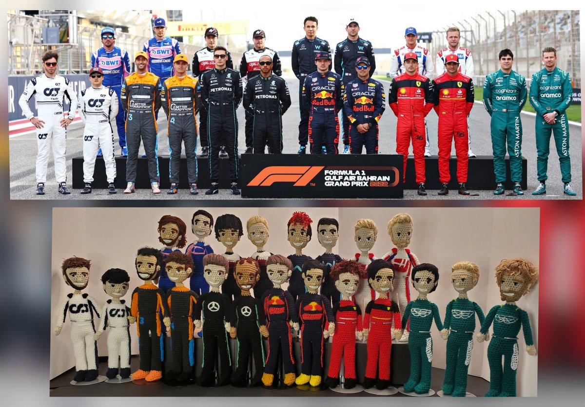 F1DollGal's tweet photo. I made a side-by-side view of my @F1 grid dolls (Seb missed picture day with COVID). 

#f1 #f1art #crochet https://t.co/RAtFFcMdnJ