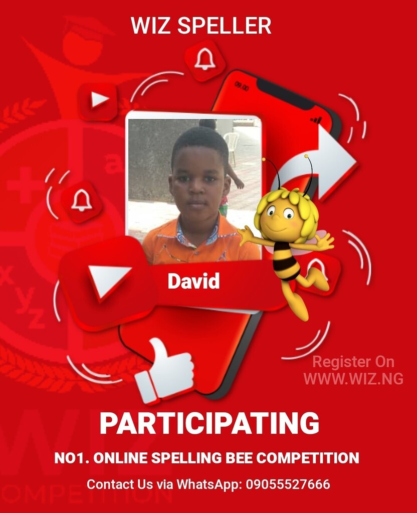 WIZ SPELLING BEE COMPETITION 🐝 2022

Opportunity to challenge your child

Bringing Out The GREATNESS in your children

Positive Engagement
Enroll them on something positive like Wiz, something that will keep them busy and motivate them to develop a k… instagr.am/p/Ch-APYutaVK/