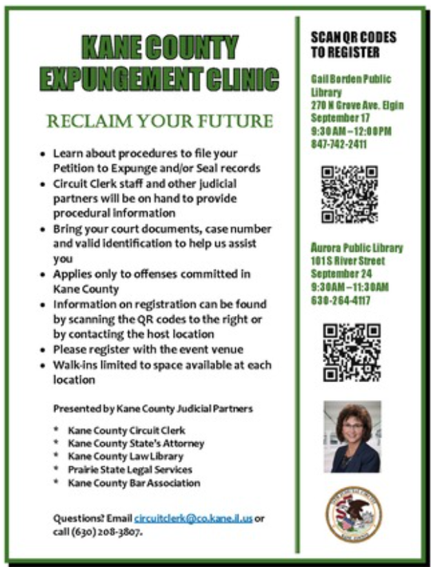 RECLAIM YOUR FUTURE! Please join us for an Expungement Clinic on either Sept 17 Gail Borden Public  Library or Sept 24 Aurora Public Library! For more info scan the QR codes. <a href="/Kane_CircuitClk/">Circuit Clerk of Kane County, IL</a>