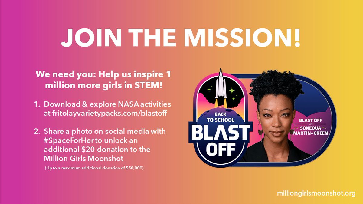 girlsmoonshot's tweet photo. Are you ready to join us? Get ready for back to school with us, @Fritolay &amp; @NASA! Download you favorite activity and share the results with us using #SpaceForHer #Entry. We can't wait to share your creations. 🚀  

Join the mission! https://t.co/AcmzlbuoAz https://t.co/kDZmCcXRcf