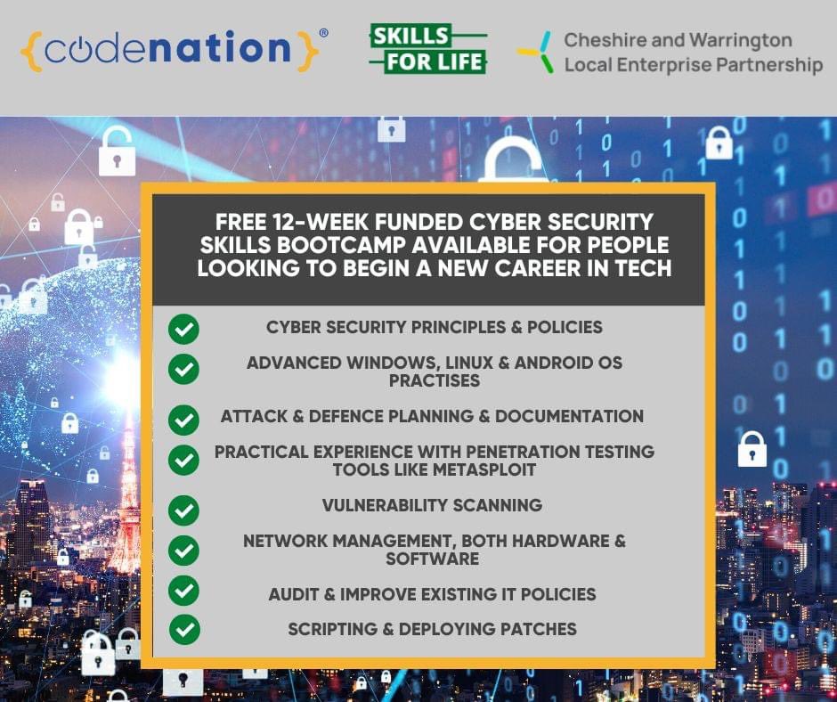 wearecodenation's tweet photo. Excited to announce our 12-week Full-Time Master Skills Bootcamp in Cyber Security available for residents living in Cheshire &amp; Warrington.
 
Next course date ➡️ 26th Sept

Sign up today 
📧 Admissions@wearecodenation.com

#CyberSecurity #SkillsCW #CreatingEmployableTalent https://t.co/YPV2haF3Tr