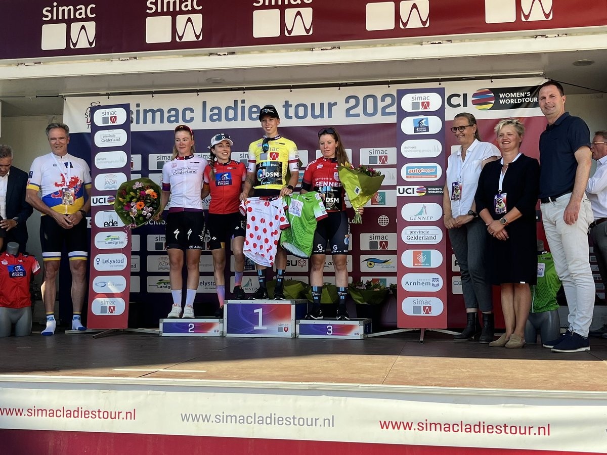🚴‍♀️The wearers of the jerseys on the podium after stage 3:
🟡🟢⛰ <a href="/SimacDS/">Simac DS</a> #Jozon <a href="/DolmansGroup/">Dolmans Landscaping</a> <a href="/lorenawiebes/">Lorena Wiebes</a> @TeamDSM 
⚪️ <a href="/provgelderland/">Provincie Gelderland</a> <a href="/LonnekeUneken/">Lonneke Uneken</a> <a href="/teamsdworx/">Team SD Worx - Protime</a> 
🔴 <a href="/LimburgCycling/">Limburg Cycling 🚴🏻‍♂️🚴🏼‍♀️</a> <a href="/sophiekwright8/">Sophie Wright</a> <a href="/UAETeamADQ/">UAETeam_ADQ</a> 
And stagewinner @GemeenteGennep <a href="/charlotte_kool/">Charlotte Kool</a>. #SLT2022 #UCIWWT
