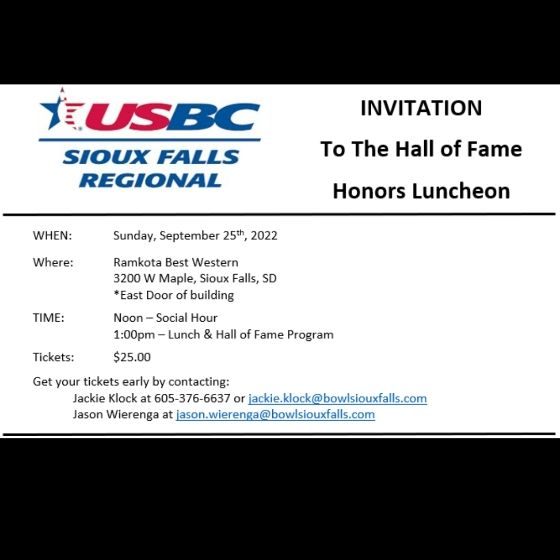 SiouxFallsUSBC's tweet photo. Everyone come welcome our new Hall of Fame inductees at the Ramkota on Sunday, Sept 25th!
Mel Benson - Superior Performance
Wanda Heisel - Spirit of Bowling
Bryan Eastman - Superior Performance
Mark Olen - Superior Performance
#SDBowling
#AFutureForTheSport
#GoBowling https://t.co/d26NJ58CLD