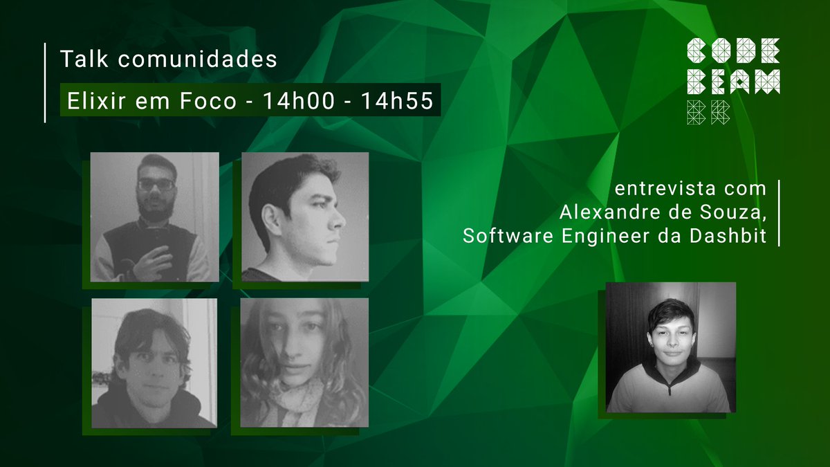 CodeBEAMBR's tweet image. Faltam exatamente 7 DIAS PARA O NOSSO EVENTO! Pra já deixar vocês com uma palinha do que vai rolar no primeiro dia, se liga...
O time incrível do @elixiremfoco vai estar junto com a gente entrevistando o Alexandre de Souza, software engineer na Dashbit 🤩💚