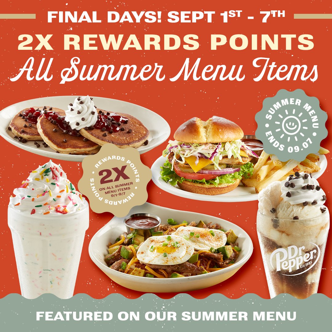 SharisPies's tweet photo. Goodbye Summer, we'll miss you! ☀️ It's the final days of our Summer Menu, earn 2x points when you order any Summer Items!! Offer valid 9/1 - 9/7 https://t.co/9GDdgN5YKf