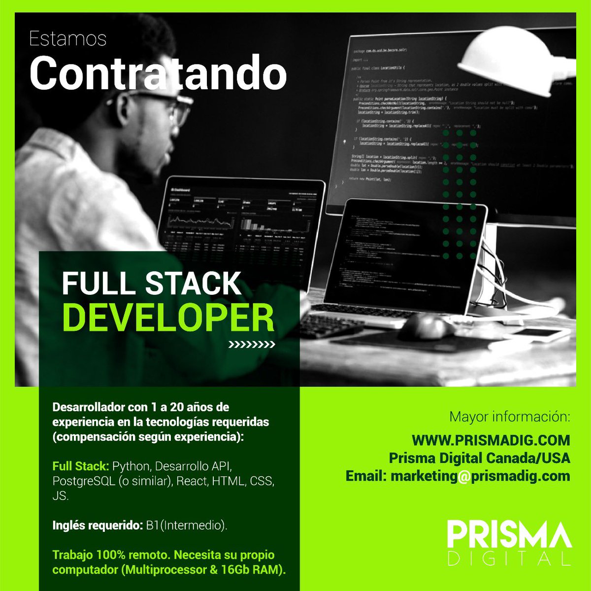 prismadig's tweet photo. En @Prismadig, y buscamos un excelente #fullstackdeveloper, que implemente y ayude a generar #proyectos de reelevancia para nuestra #empresa en #norteamérica y #canada.  #somosprismadigital #prismadigital #TI #netwoks #Data #Tech #ReclutamientoDePersonal #developer #desarrollador https://t.co/w8sUw1ttDh