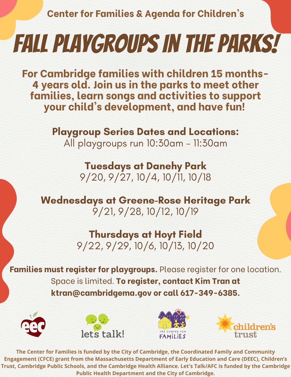 Sign up now for Fall Playgroups in the Parks from <a href="/LetsTalkCambMA/">Let's Talk!</a>  and <a href="/cntrforfamilies/">Center for Families (Cambridge, MA)</a> ! 3 groups around city for families with children 15 months-4 years. Info: bit.ly/3zDRq0K