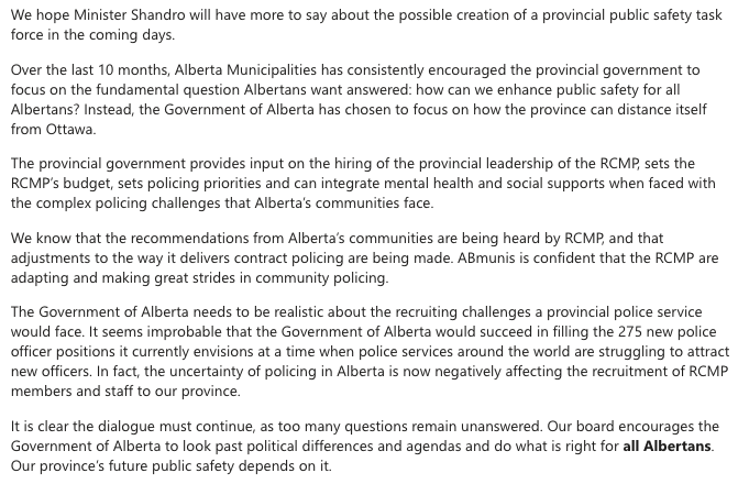 reportrix's tweet photo. After a "constructive" meeting with Alberta’s Justice Minister General Tyler Shandro, Alberta Municipalities' board sent out a release this morning saying the province needs a public safety task force rather than a new provincial police force. #ableg In part: https://t.co/qeAQX0hEyu