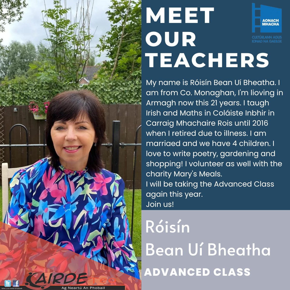 Next up, Roisin Bean Uí Bheatha who will be taking our Advanced Class  😀

Register here now - 

cairdeteo.com/events/autumn-…