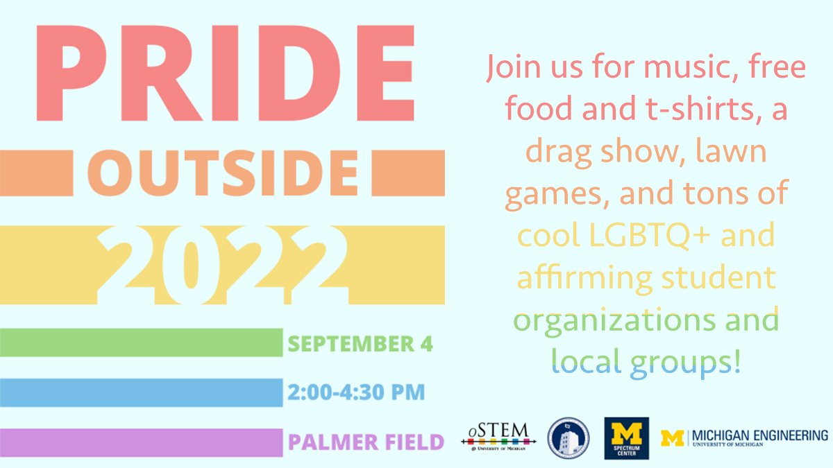 UMStudentlife's tweet photo. .@UMichStudents, don't miss #PrideOutside this Sunday! Come by Palmer Field to get to know our campus LGBTQ+ community and resources. Welcome Ho〽️e, Wolverines! 💛💙🏳️‍🌈 https://t.co/K5nrDg9HdG