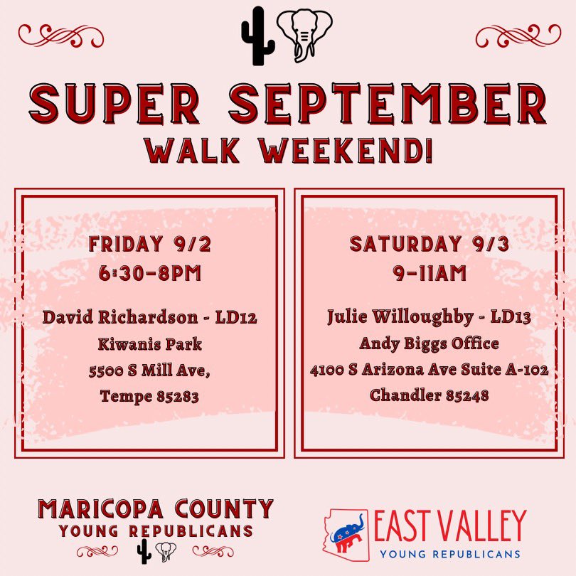MCYRGOP's tweet photo. Our first Super September Walk Weekend is almost here! Join us Sept 2&amp;3 to knock for #DavidRichardson and @JWilloughbyLD13 this weekend with our East Valley YRs #YRsWalk #YRsRun #YRsWin https://t.co/O45NE3rfKn