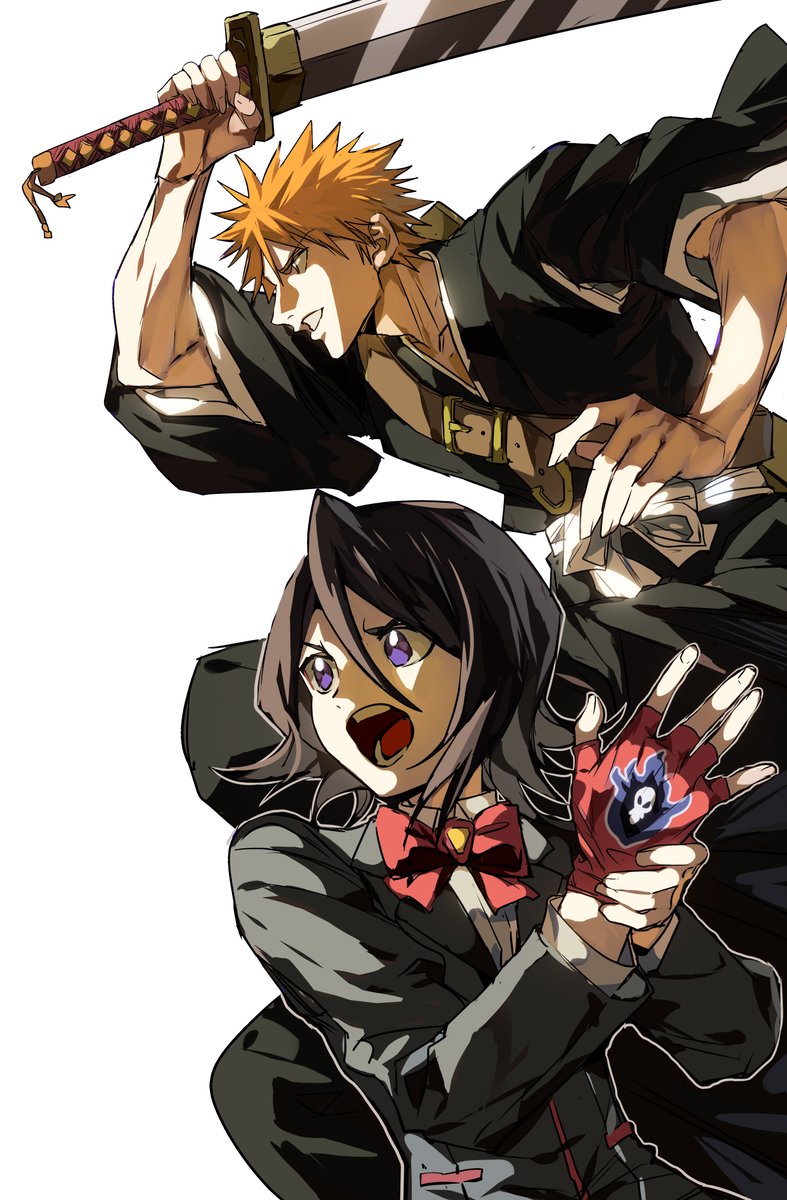 kuchiki rukia 1girl weapon 1boy sword holding weapon holding orange hair  illustration images